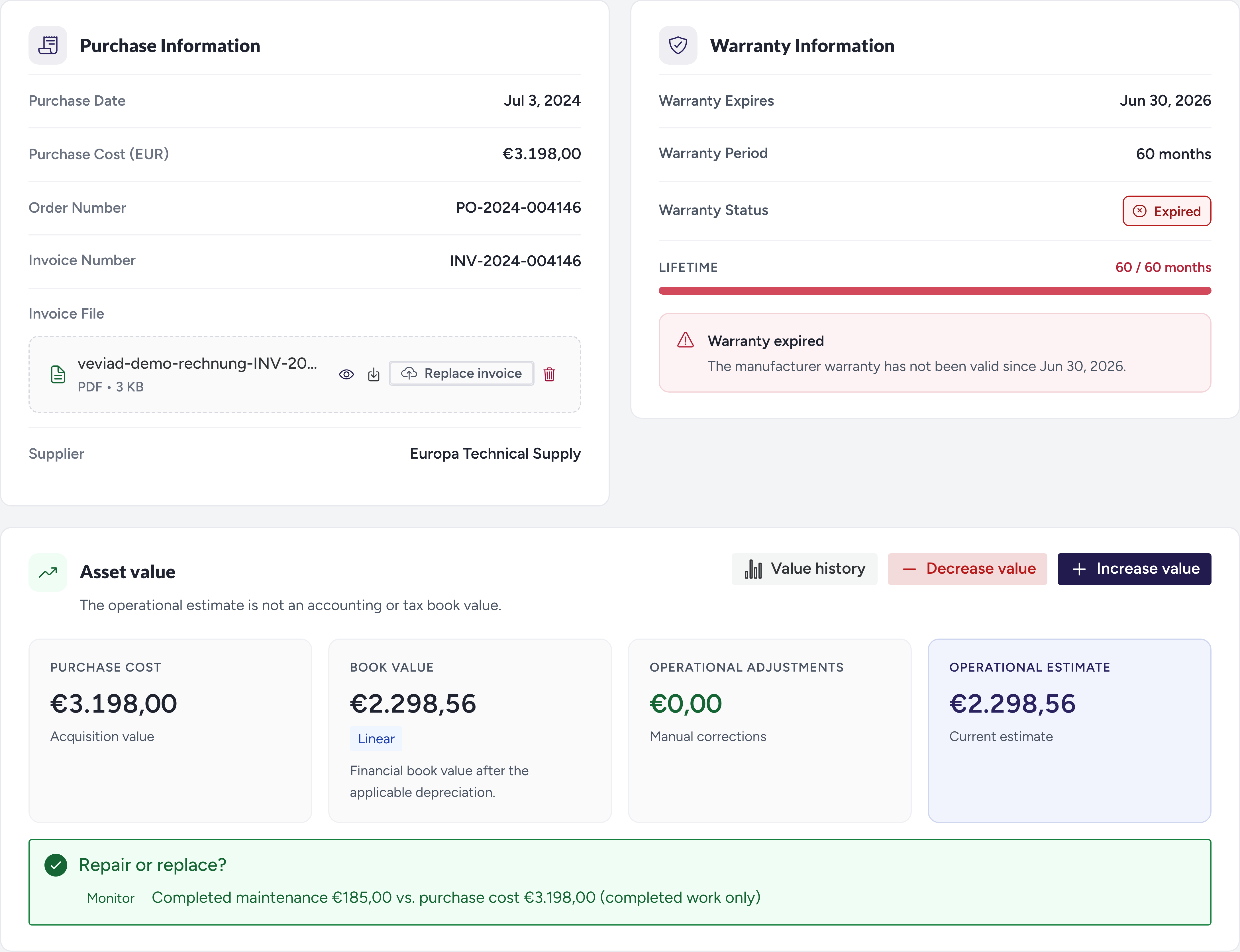 Veviad book-value view showing an attached example invoice, straight-line depreciation and the maintenance-cost comparison status