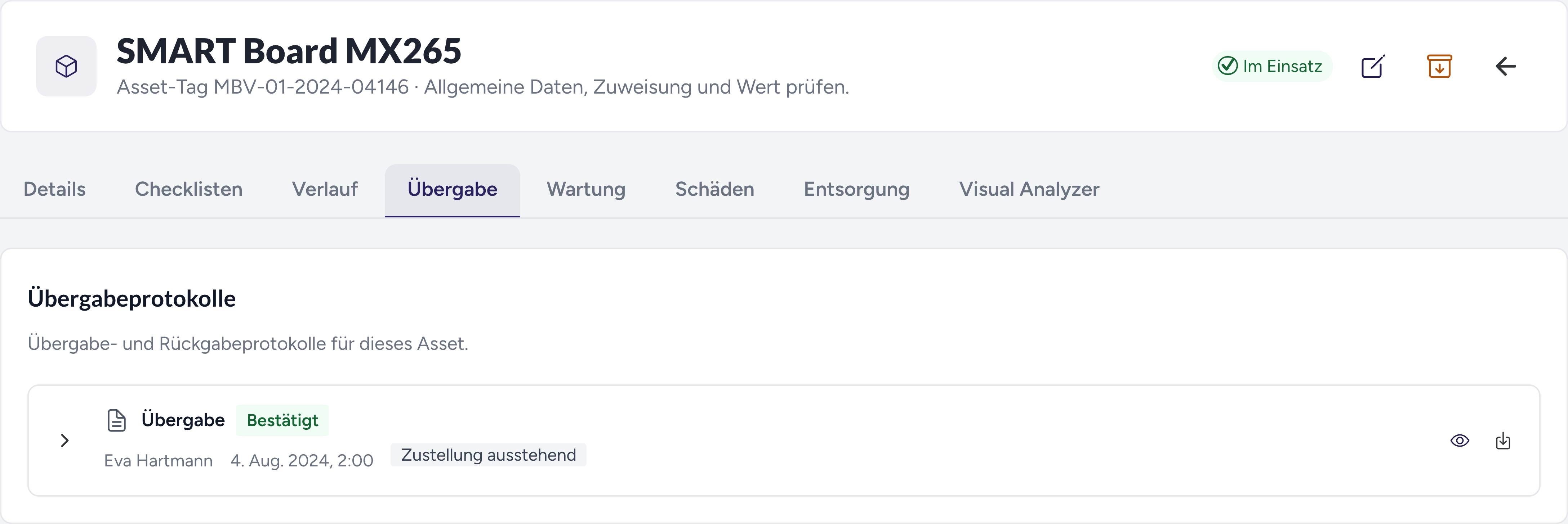 Veviad Ansicht einer bestätigten Übergabe mit verantwortlicher Person und Bestätigungsstatus anhand von Beispieldaten