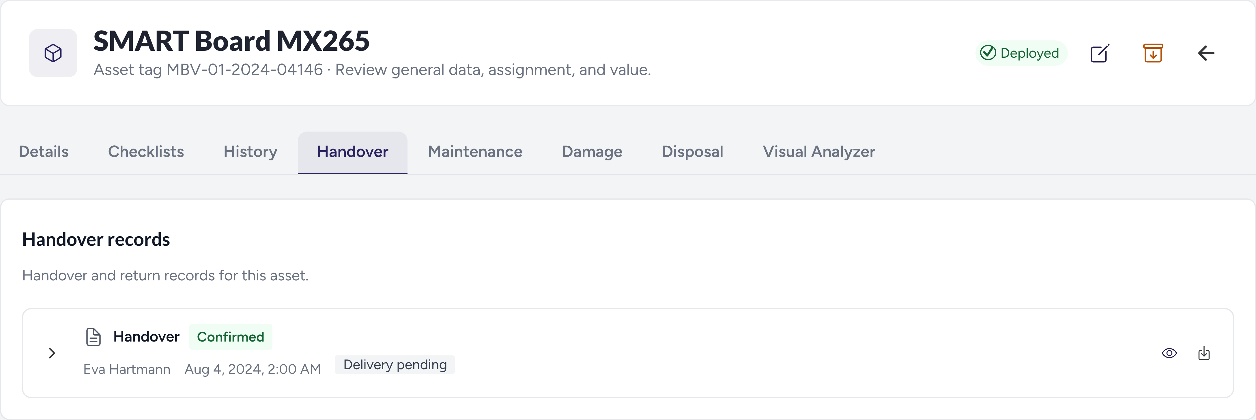 Veviad confirmed handover showing the person responsible and confirmation status using example data